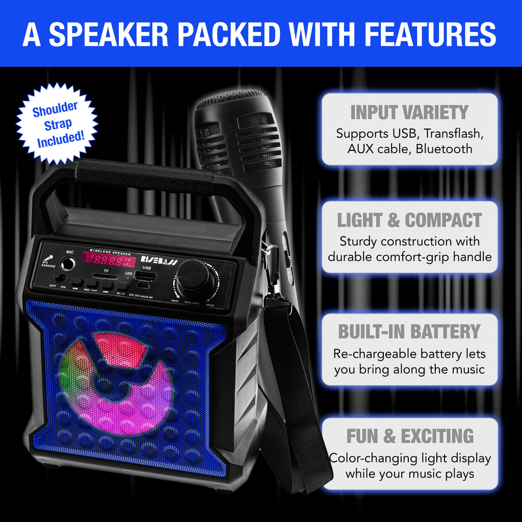 Máquina de Karaoke Portátil Risebass – Con Micrófono, Luces LED y Bluetooth