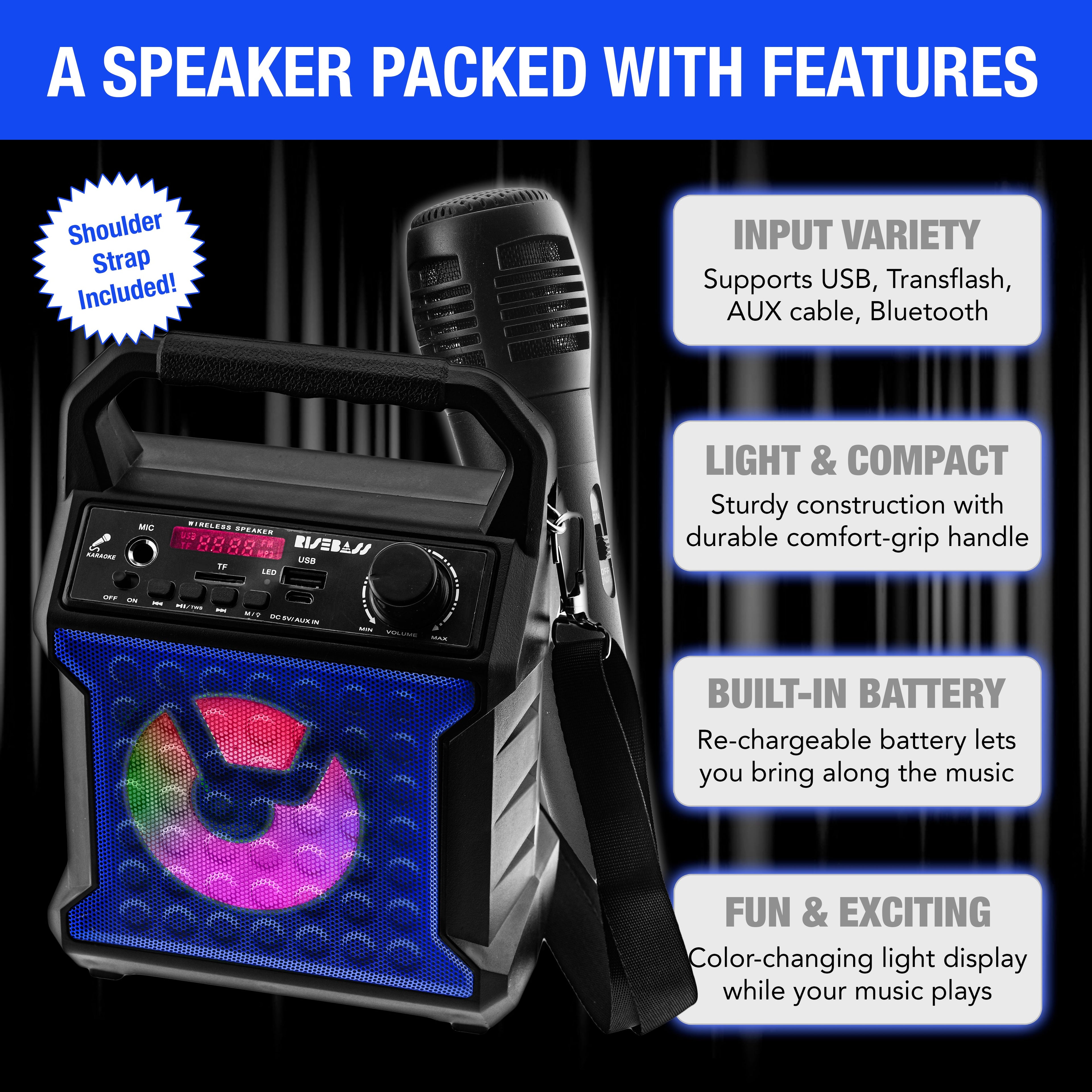 Máquina de Karaoke Portátil Risebass – Con Micrófono, Luces LED y Bluetooth