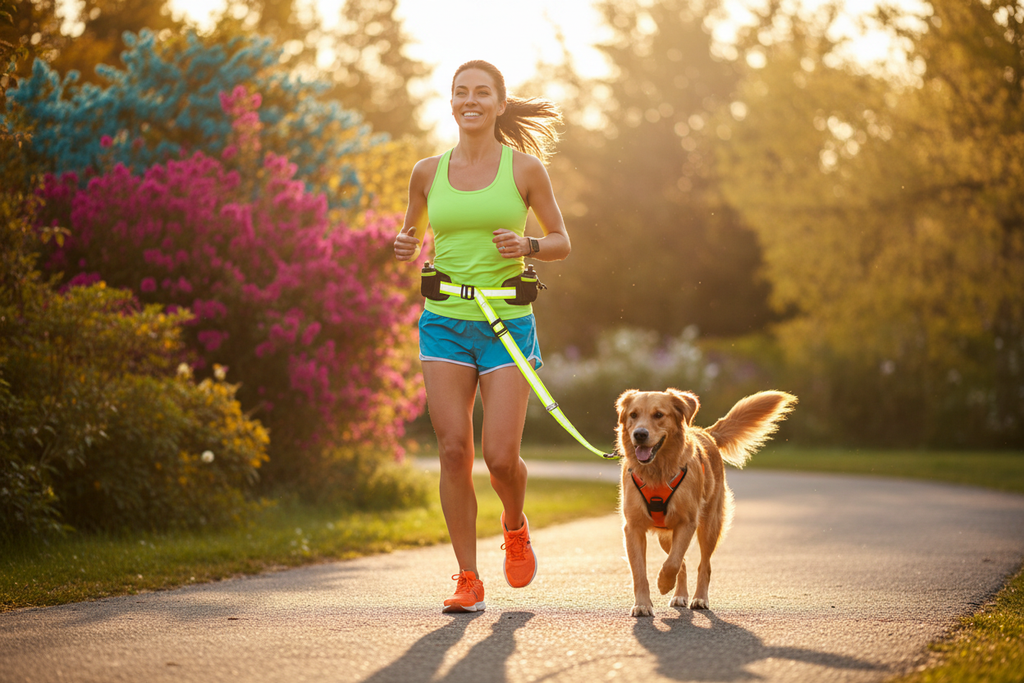 Persona corriendo con su perro usando la correa hands free