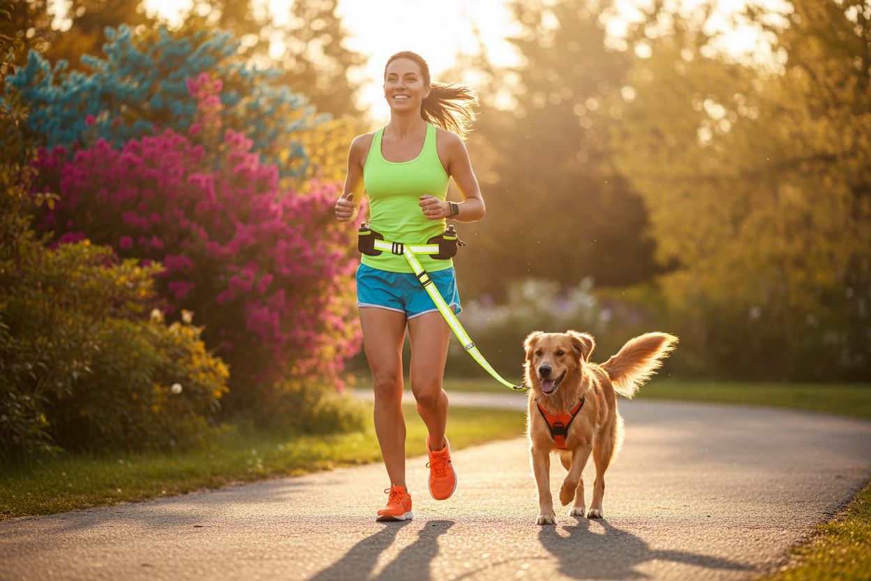 Persona corriendo con su perro usando la correa hands free