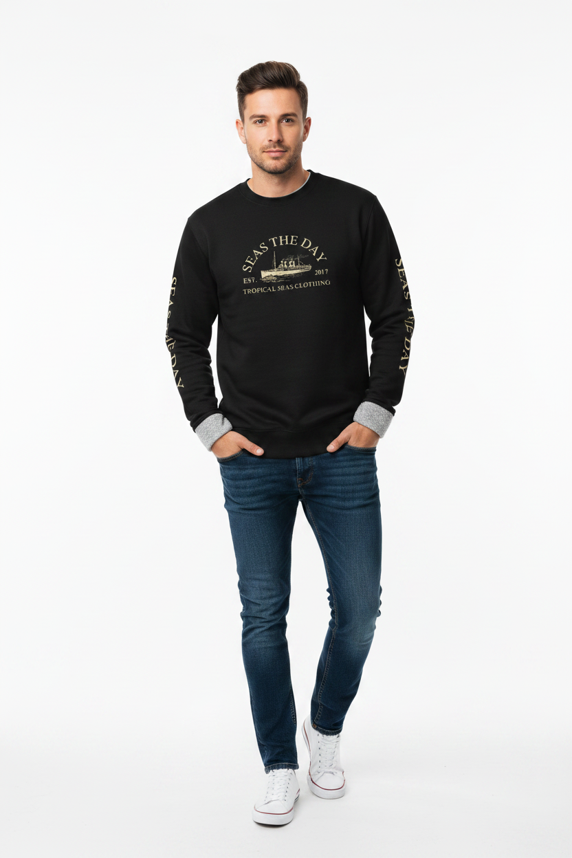 Hombre usando sudadera negra Seas The Day